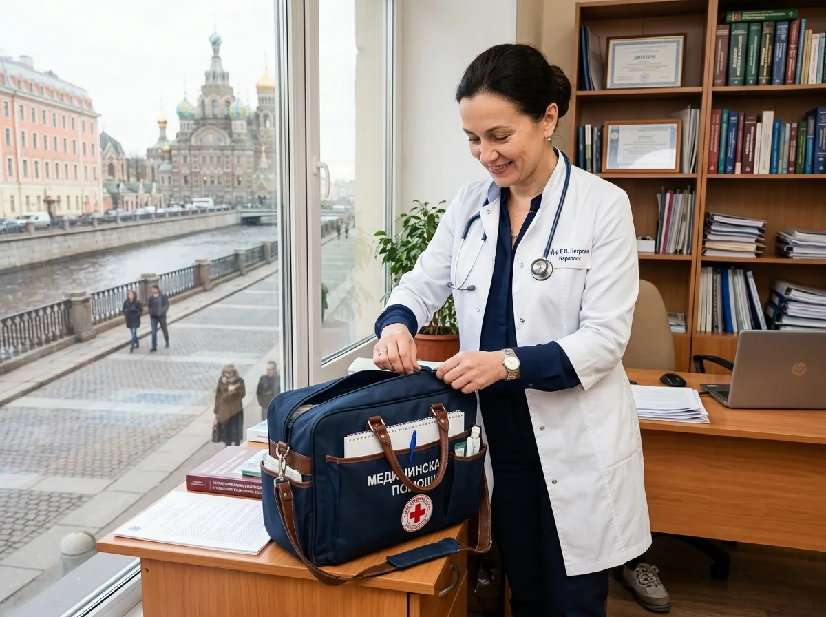 Врач-нарколог в белом халате с медицинским чемоданом готовится к выезду на дом к пациенту, Санкт-Петербург, профессиональная атмосфера, доверие