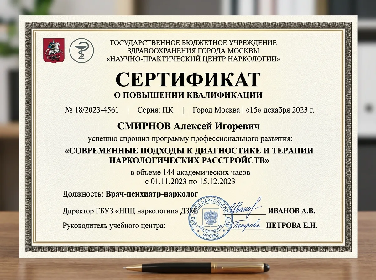 Сертификат специалиста психиатра-нарколога, профессиональный документ о прохождении аттестации и повышении квалификации